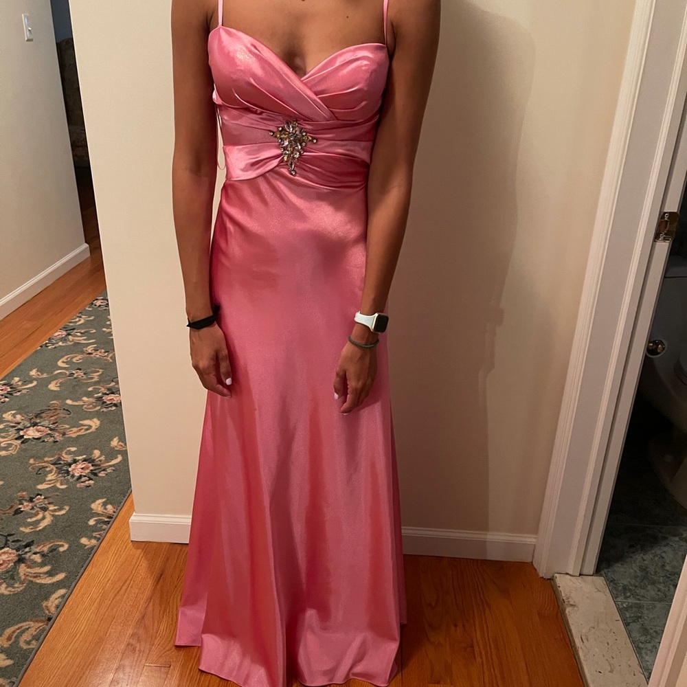 Formal gown with criss cross back and jewel piece